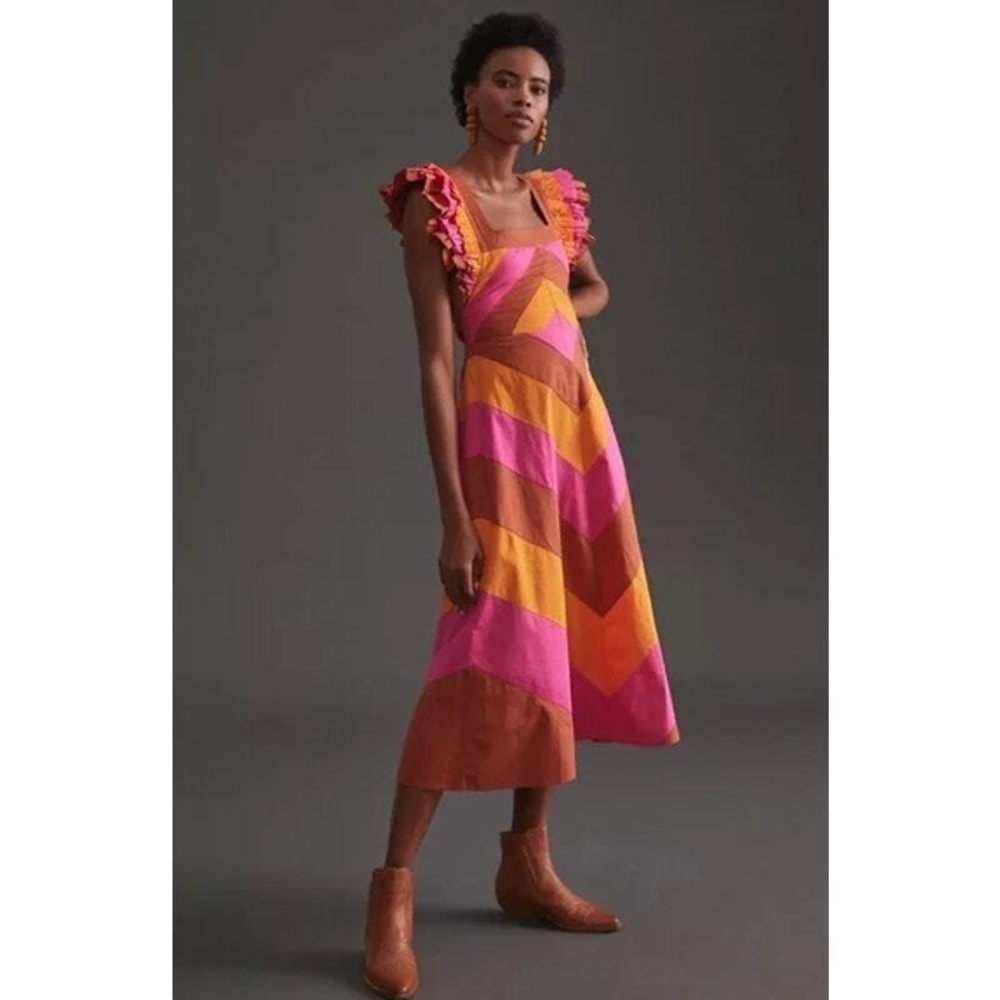 Anthropologie Ruffled Colorblocked Midi Dress LoveTheLabel Size S Stripe Chevron